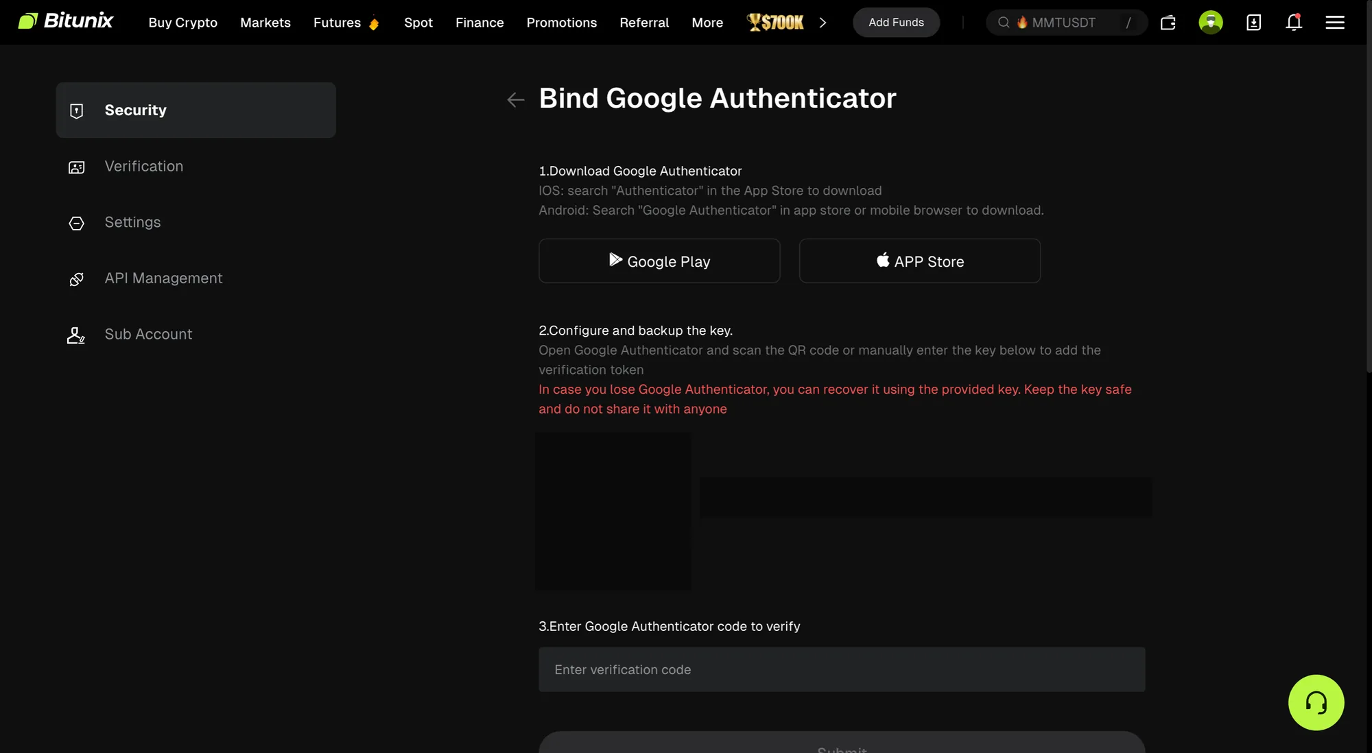 BitunixのBind Google Authenticator画面。アプリのダウンロード、QRコード読み取りまたは手動キー入力、確認コード入力の3ステップが見える