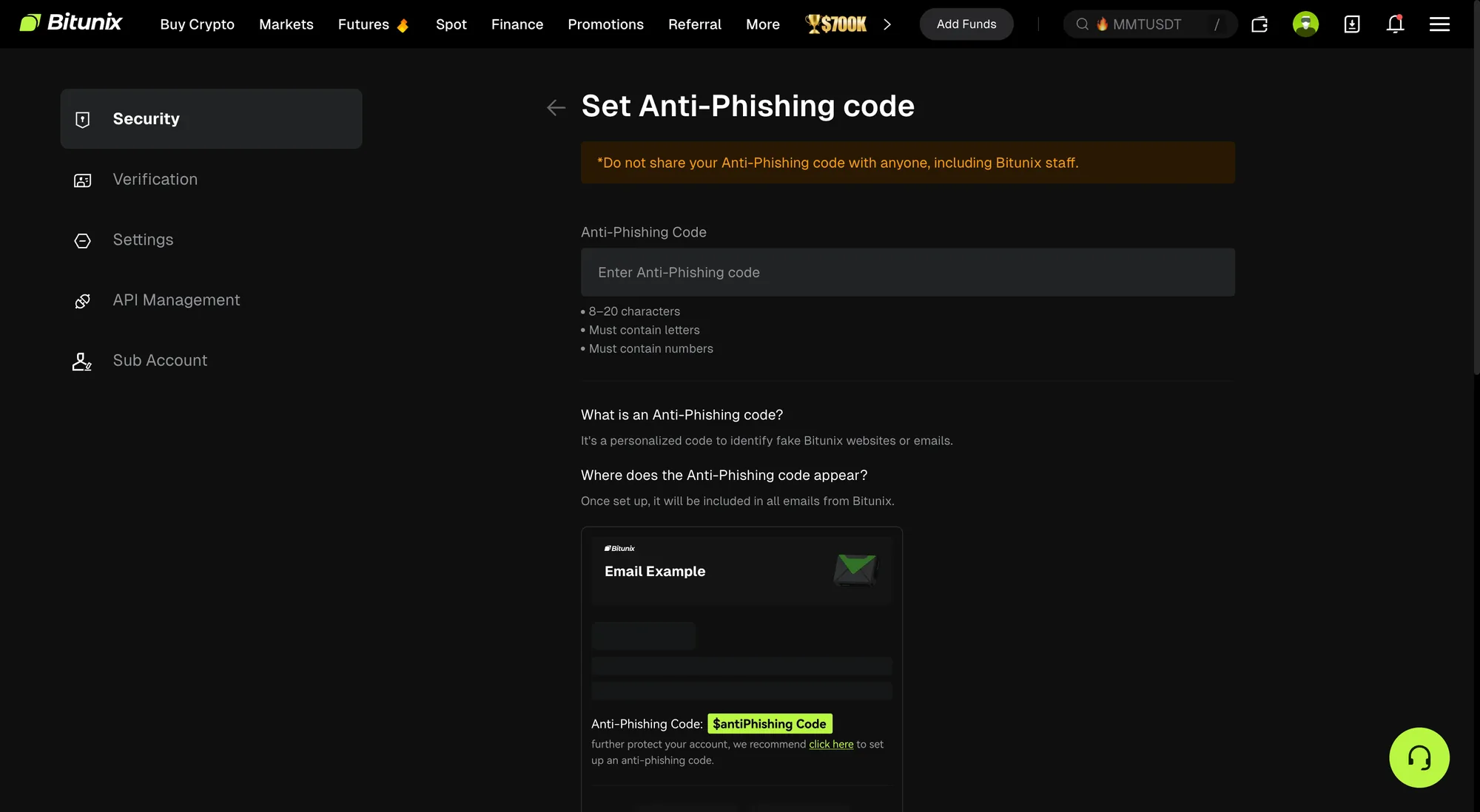 Bitunixのアンチフィッシングコード設定画面。8〜20文字のコードを設定する入力欄が見える