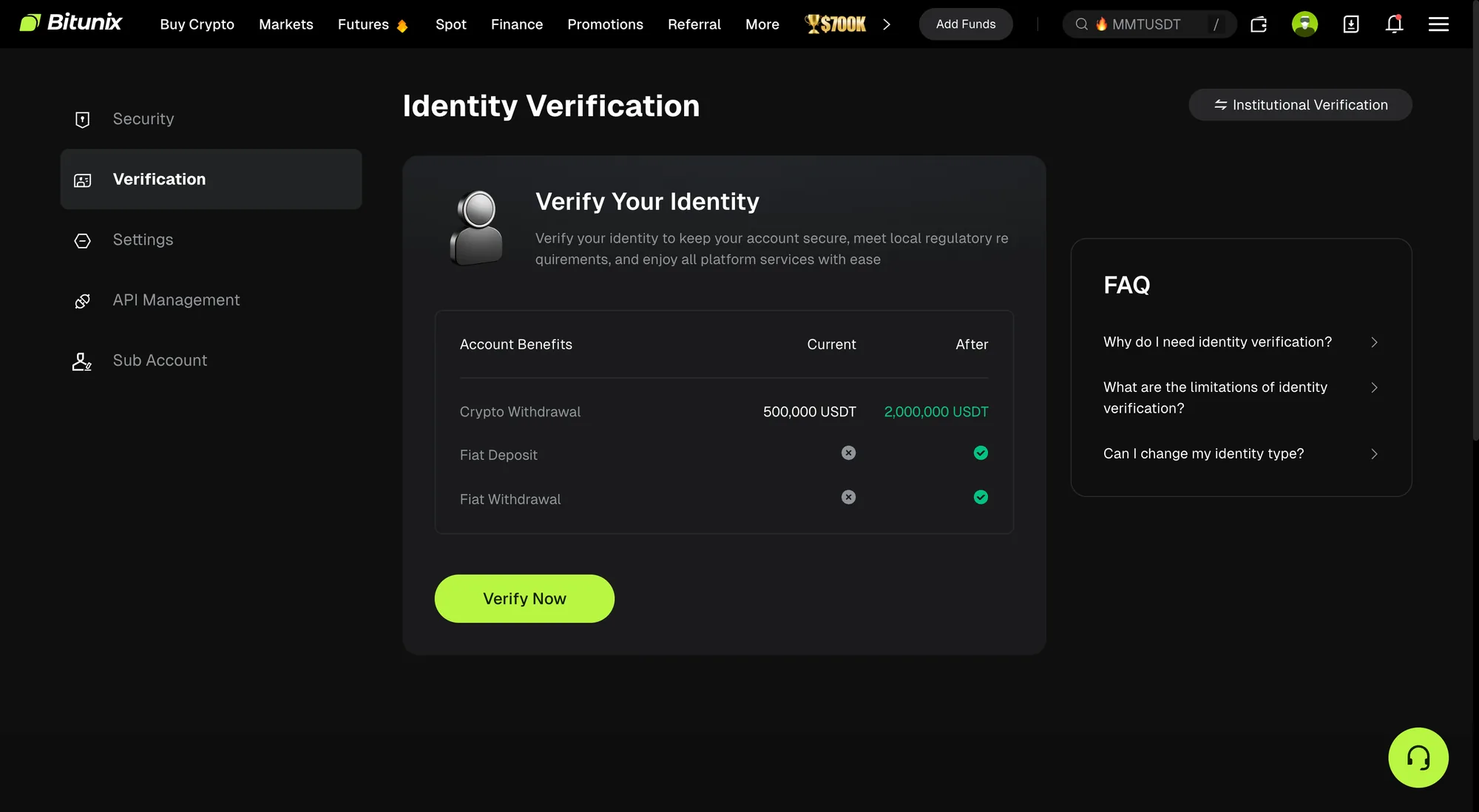 BitunixのIdentity Verification画面。KYC未完了状態で、暗号資産出金の限度額表示と法定通貨入出金にKYCが必要である旨が見える