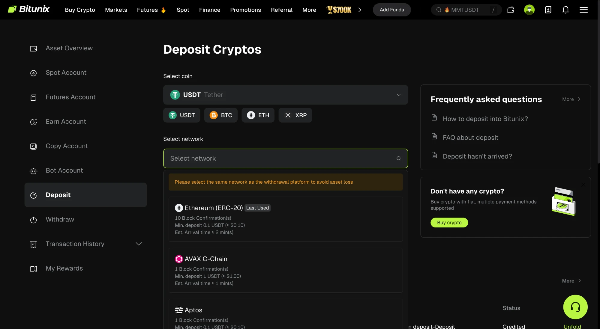 Bitunixの入金画面。USDT選択時にEthereum(ERC-20)・AVAX C-Chain・Aptosのネットワークと最低入金額・目安時間が表示されている