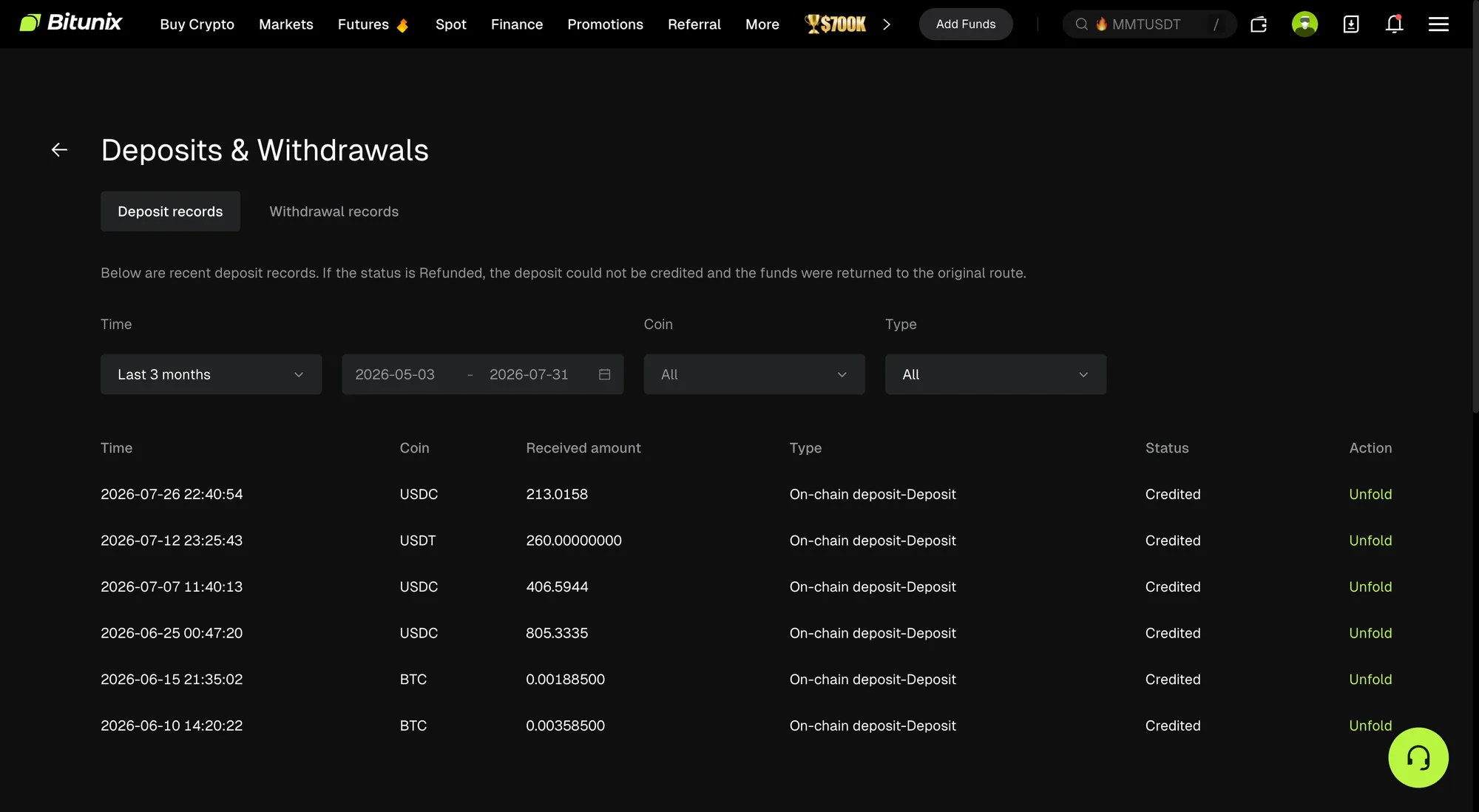 Bitunixの入金履歴画面。2026年6月から7月の6件のオンチェーン入金がすべてCreditedステータスで並ぶ