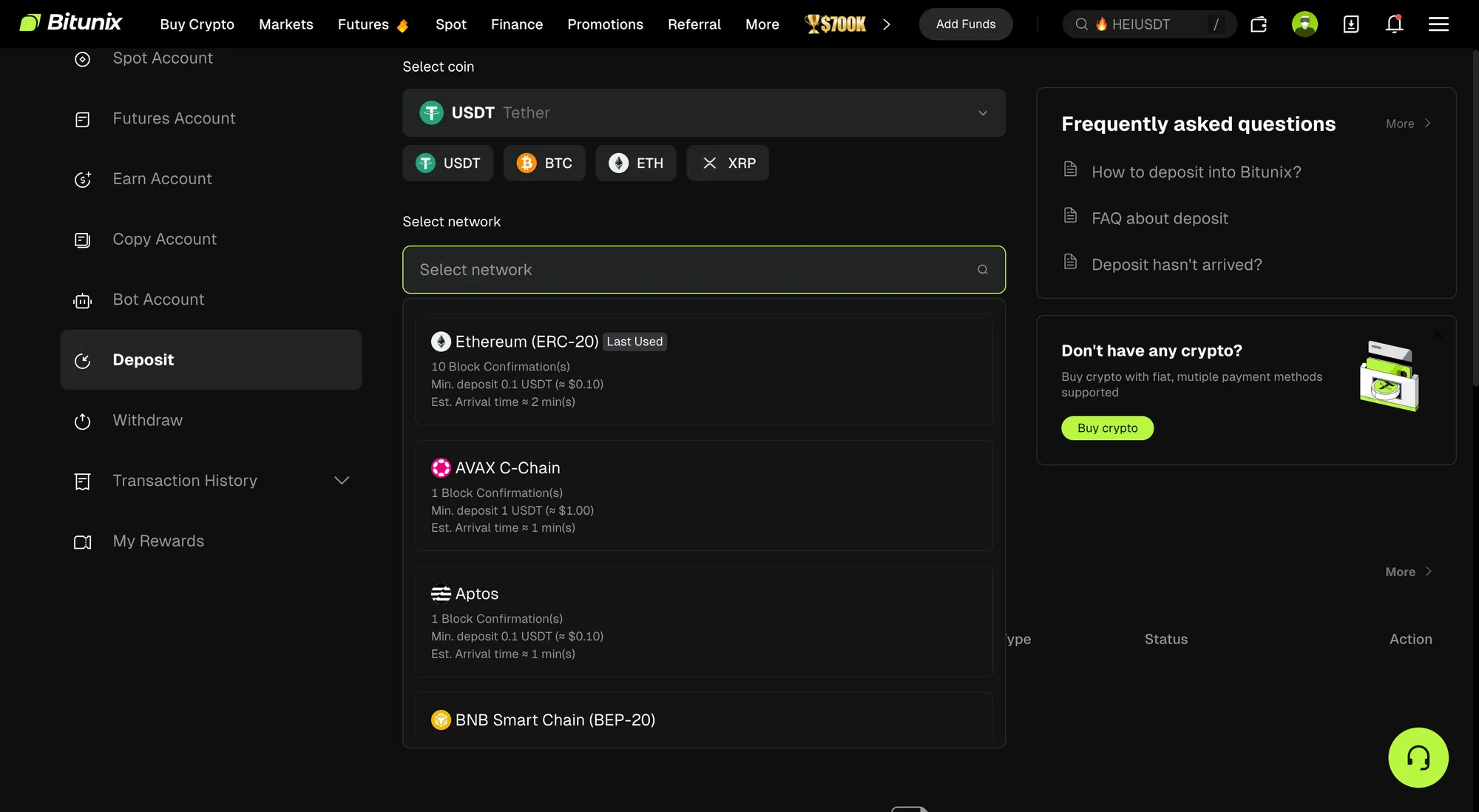 Bitunixの入金画面でUSDTのネットワーク選択を展開した状態。Ethereum・AVAX C-Chain・Aptosに承認数・最低入金額・目安時間が併記され、その下にBNB Smart Chainの行が見える