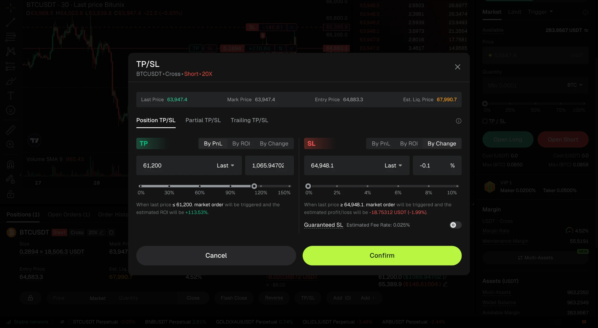 TP/SL設定モーダル。Position TP/SL・Partial TP/SL・Trailing TP/SLの3タブと、PnL/ROI/Change切替、Guaranteed SLトグルが見える