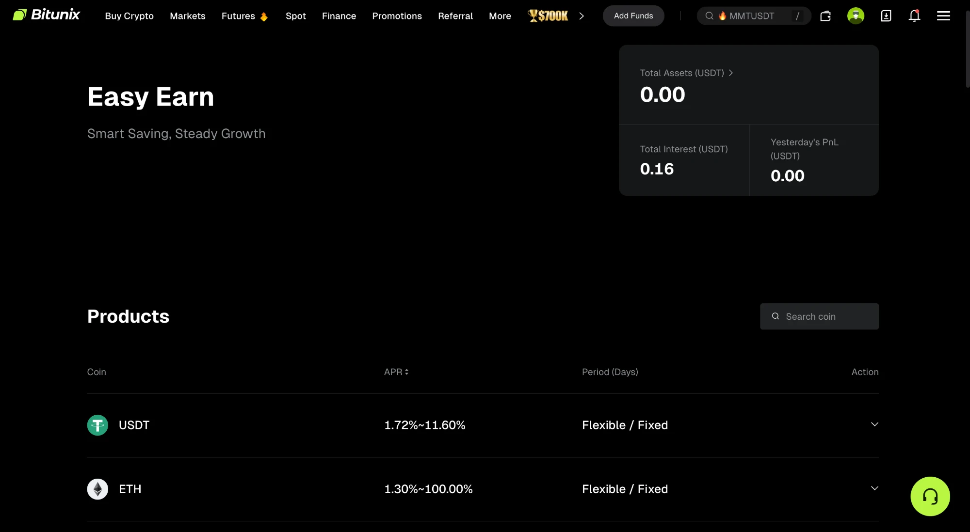 BitunixのEasy Earn画面。USDTとETHのFlexible/Fixed商品とAPR表示