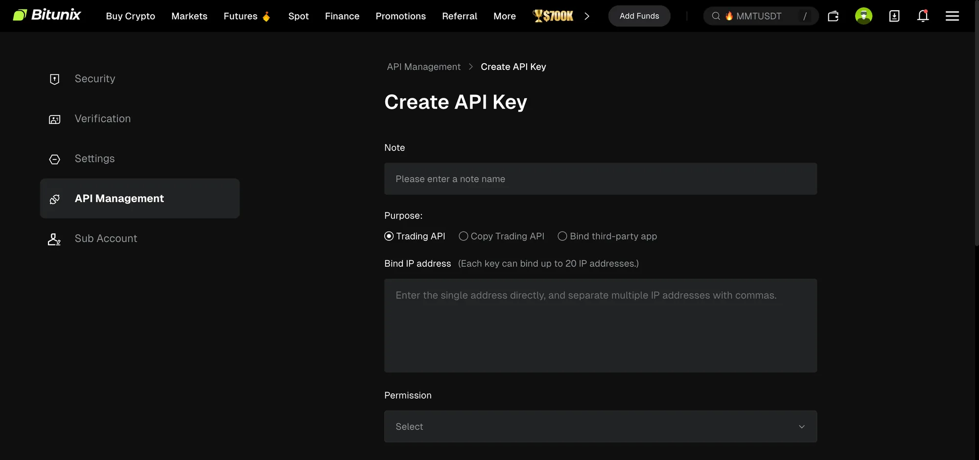 BitunixのCreate API Key画面。用途にTrading API・Copy Trading API・Bind third-party appの選択肢、IPアドレスのバインド欄、Permission欄が見える