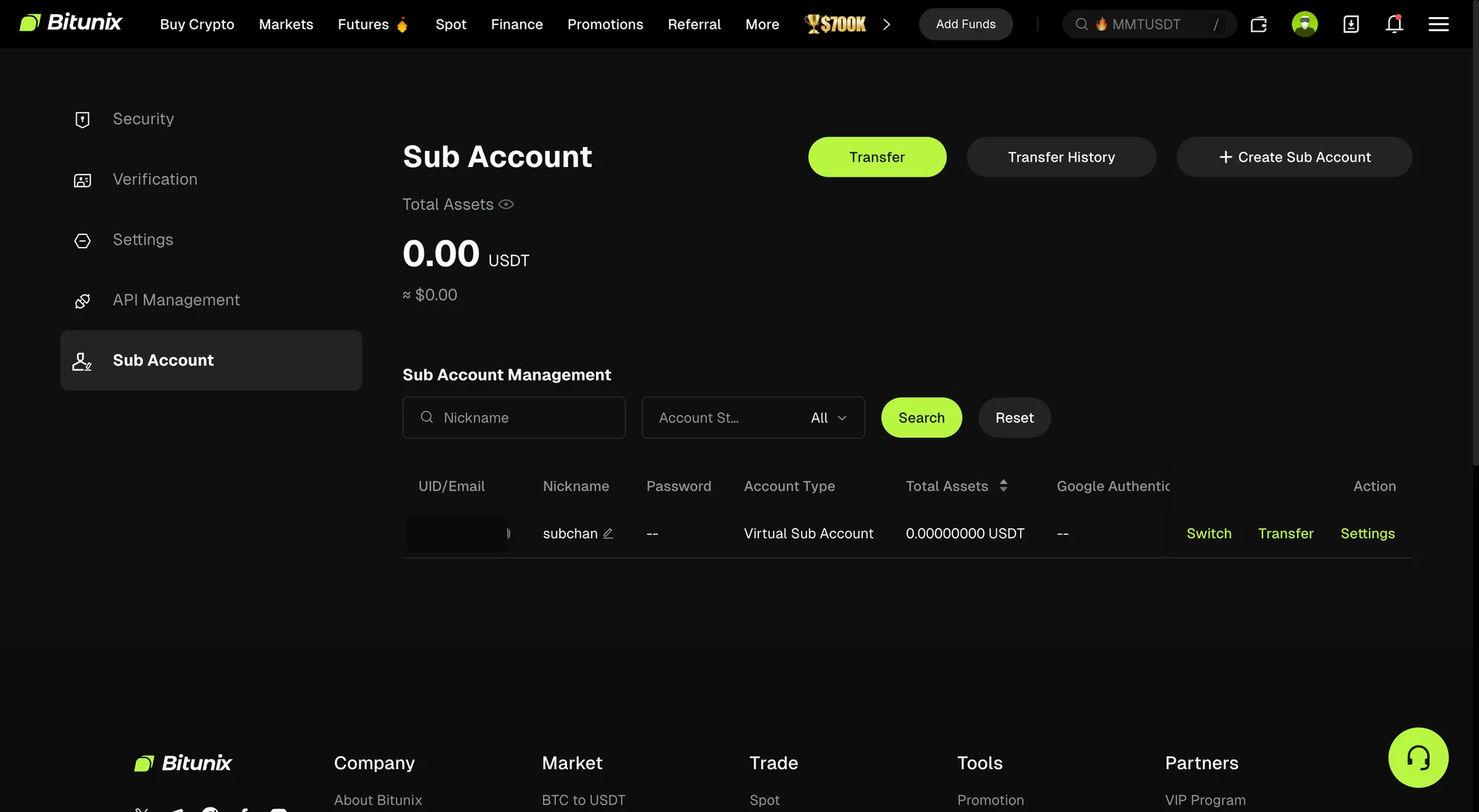 BitunixのSub Account管理画面。作成済みのVirtual Sub Accountが1行表示され、Transfer・Transfer History・Create Sub Accountのボタンが見える