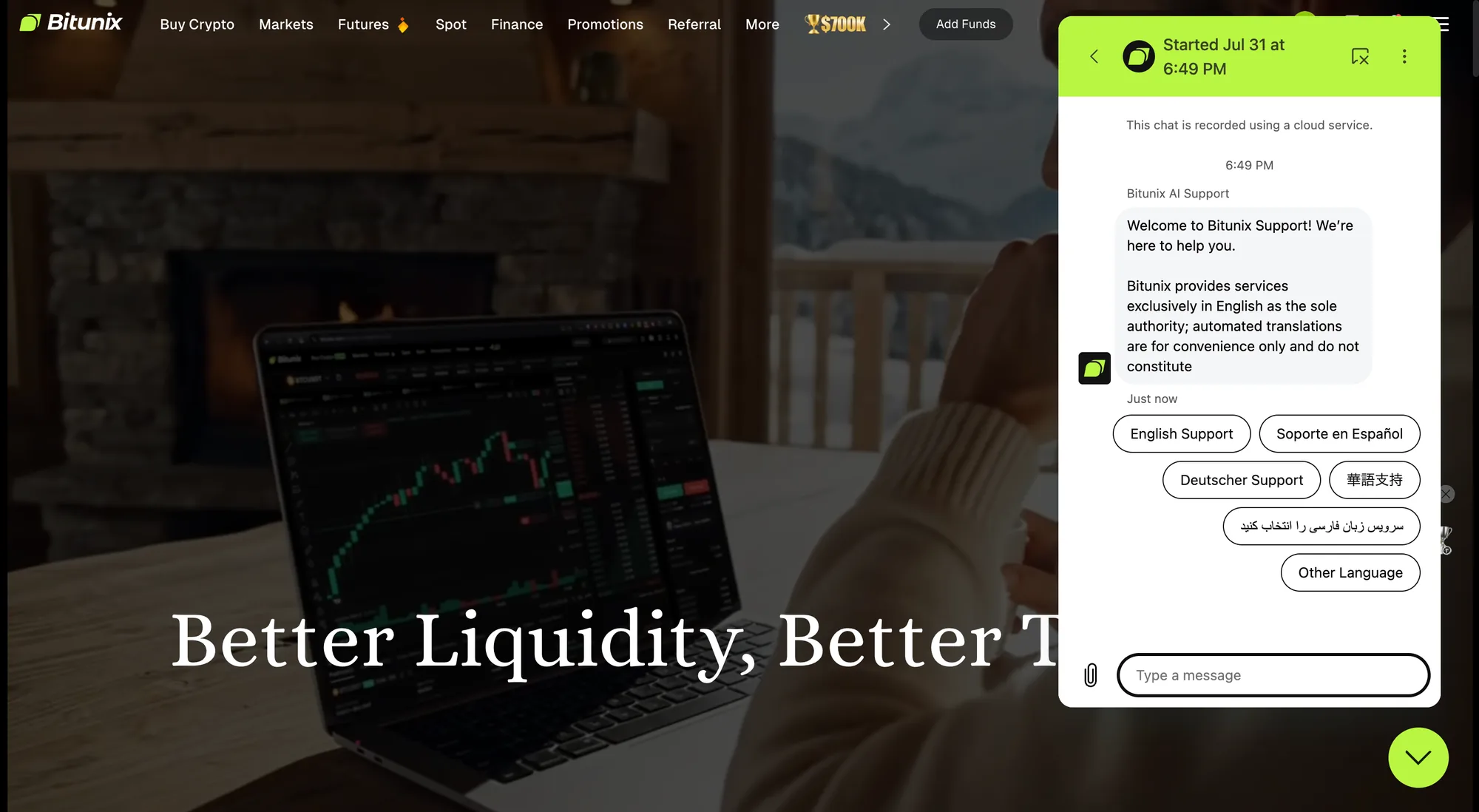 Bitunixのサポートチャット画面。言語選択に英語・スペイン語・ドイツ語・中国語・ペルシア語が並び、日本語がない