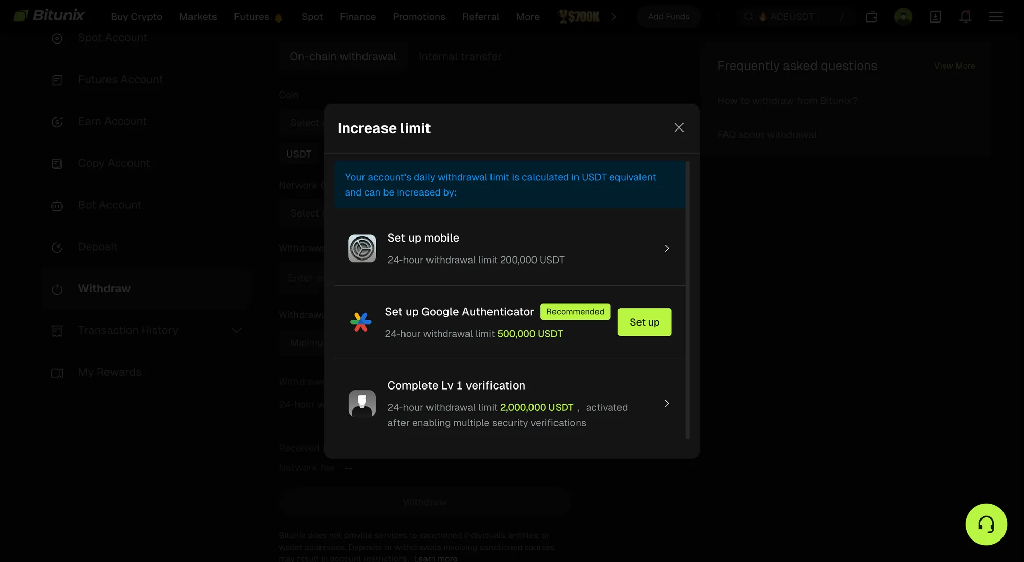 Bitunixの出金画面から開くIncrease limitモーダル。Set up mobileで24時間上限200,000 USDT、Google Authenticatorで500,000 USDT、Lv1本人確認で2,000,000 USDTと段階的に表示されている