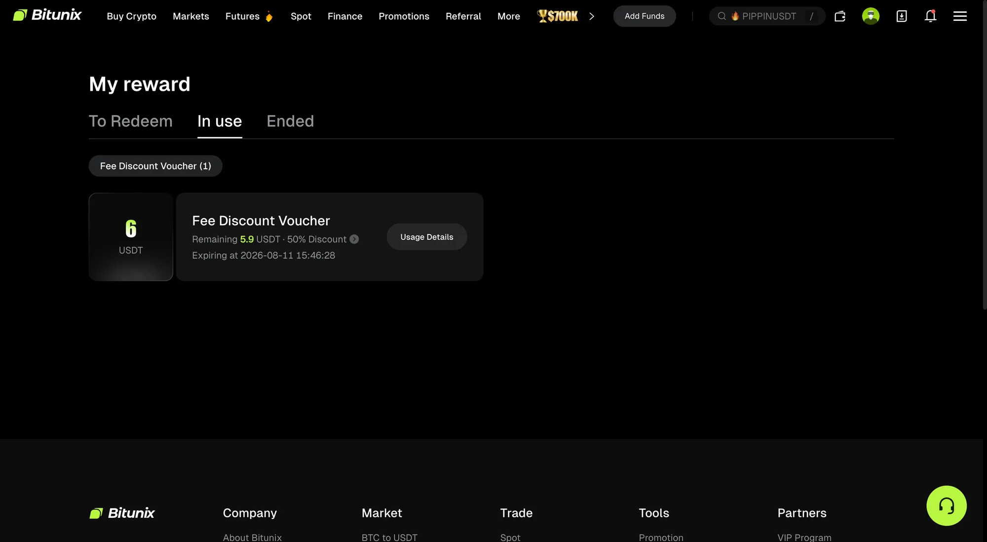 BitunixのMy reward画面。Fee Discount Voucherが1件、額面6 USDT・50%割引・2026-08-11失効と表示されている